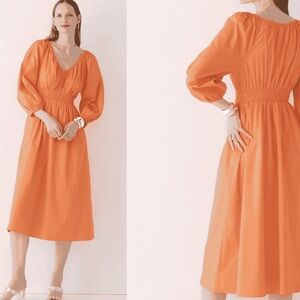 J.CREW Orange Cotton Midi Dress,V-Neck Smocked Waist, 3/4 Sleeve SZ M Medium